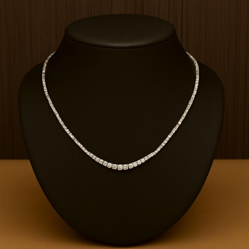 9.46 ct Natural Round Diamond Graduated Tennis Necklace, 18K White Gold